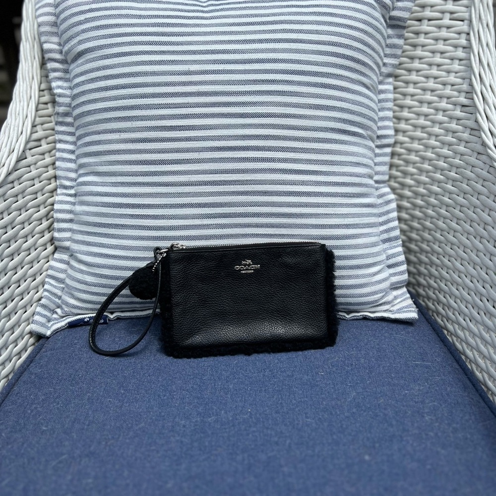 Coach Black Pebbled Leather Wristlet with Shearling Trim